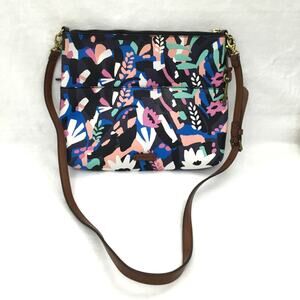 FOSSIL Fiona Medium Crossbody Bag Purse Black Floral Print 11"x12"